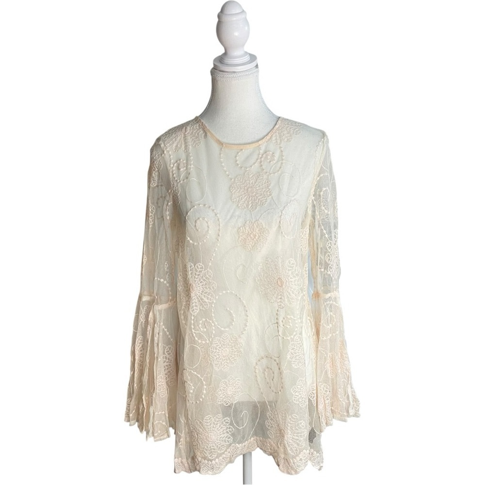 Lovestitch Sheer Floral Lace Tunic Top Ivory White